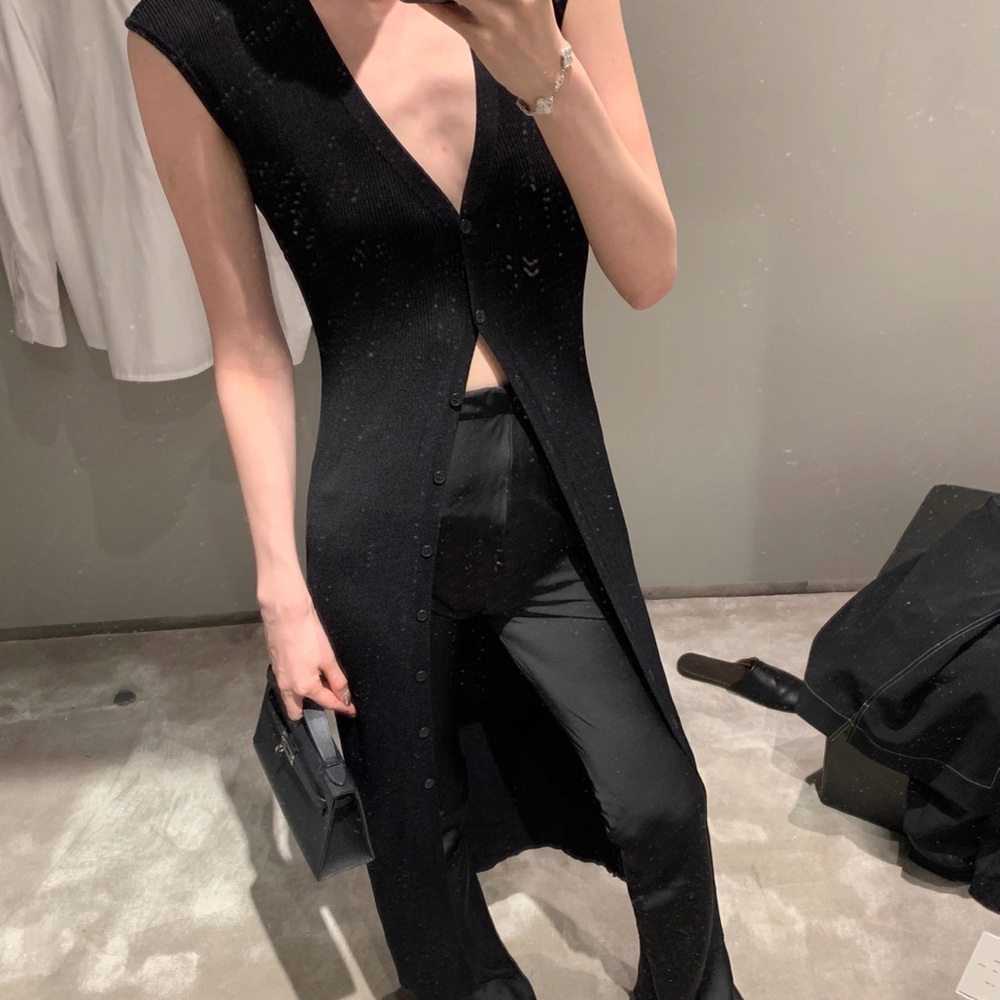Black long sleeve V neck knit button up cardigan dress.